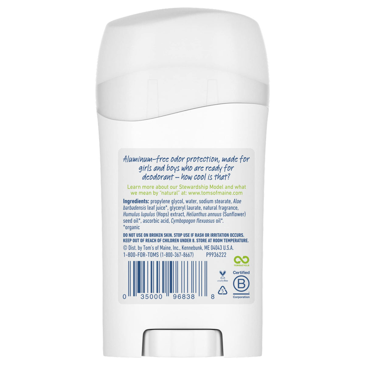Tom's of Maine Wicked Cool! Natural Deodorant for Kids Summer Fun stick back view