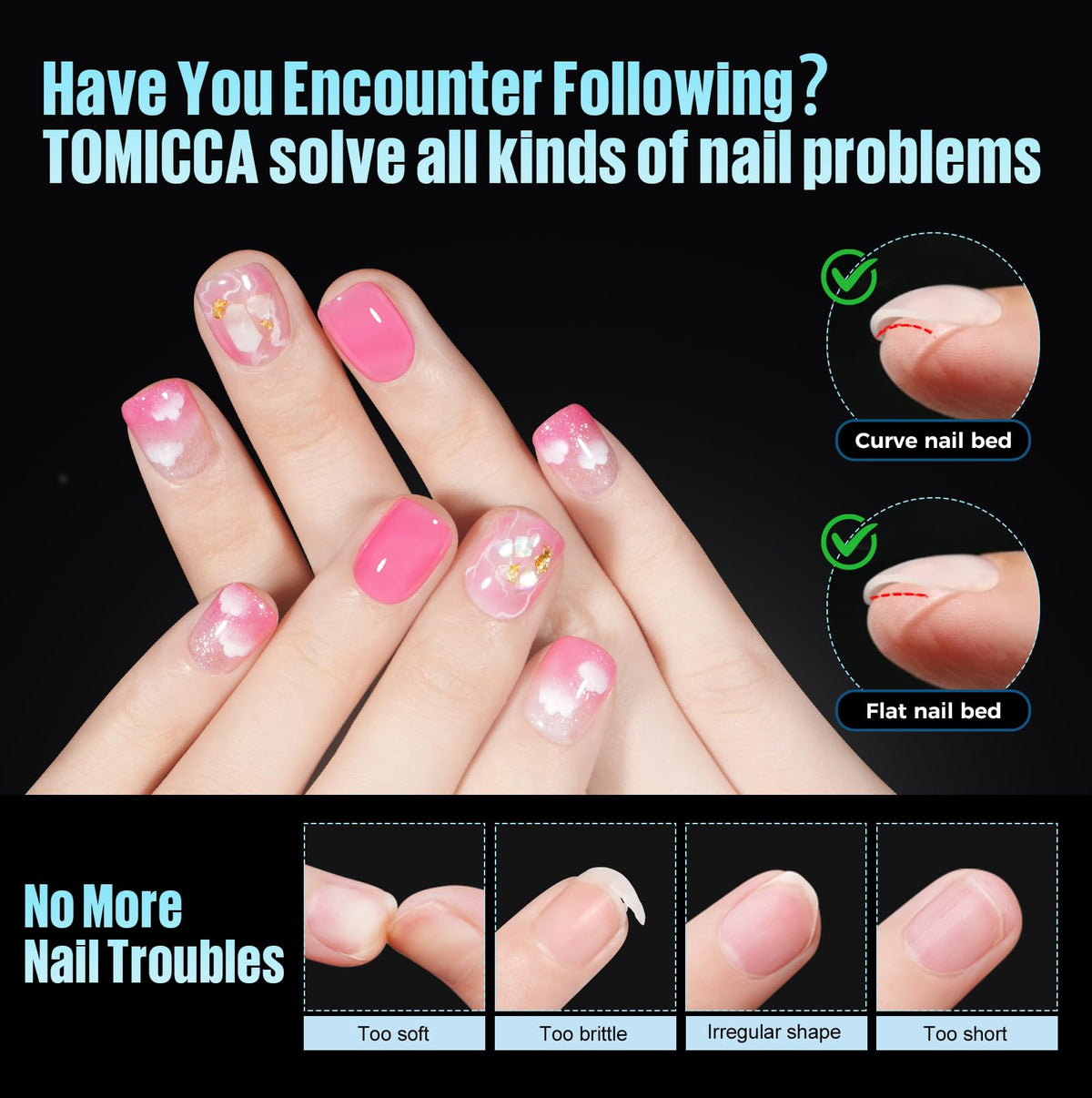 TOMICCA extra short square nail tips displayed on a table