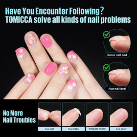 TOMICCA extra short square nail tips displayed on a table