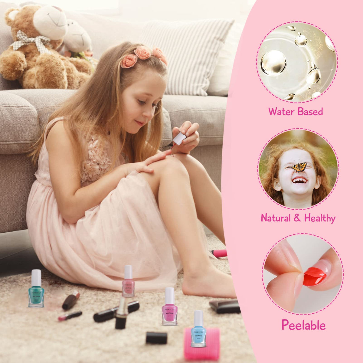 TOMICCA Kids Nail Polish bottle close-up showing pink colour