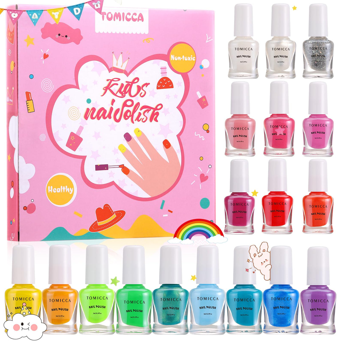 TOMICCA Kids Nail Polish Set 18 colourful bottles front view