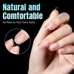 TOMICCA Short Square Nail Tips displayed on a nail art table