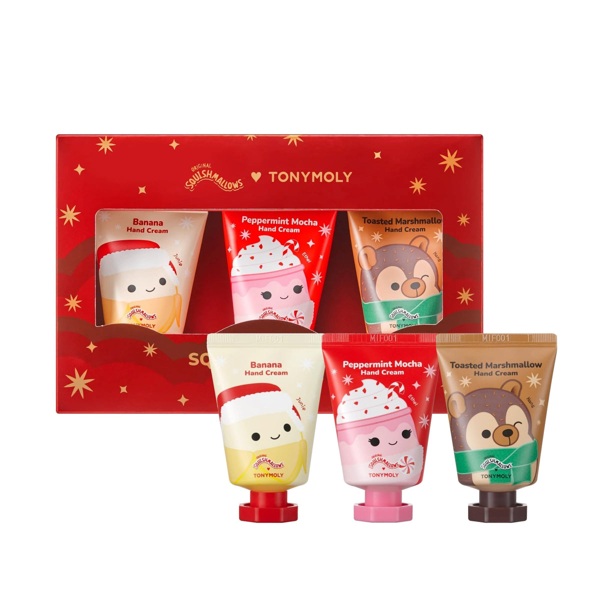 TONYMOLY Holiday Hand Cream Set featuring three tubes with festive designs