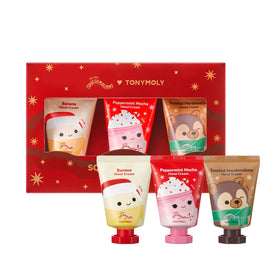 TONYMOLY Holiday Hand Cream Set featuring three tubes with festive designs