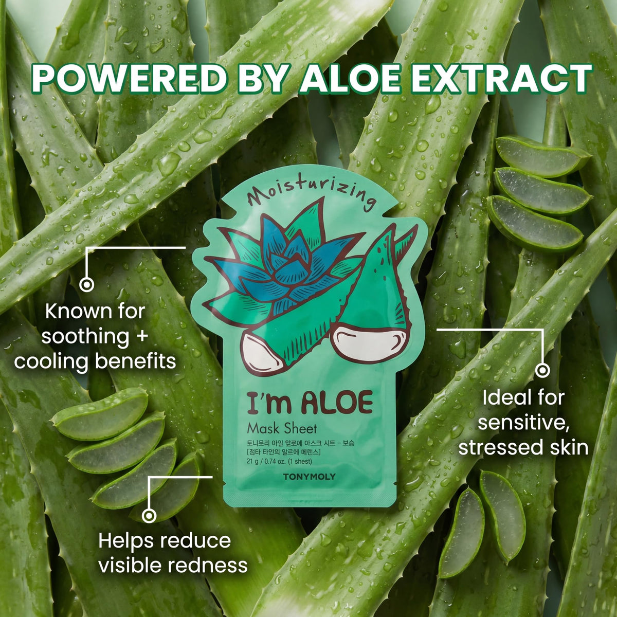 TONYMOLY I'm Aloe Sheet Mask displayed with ingredients