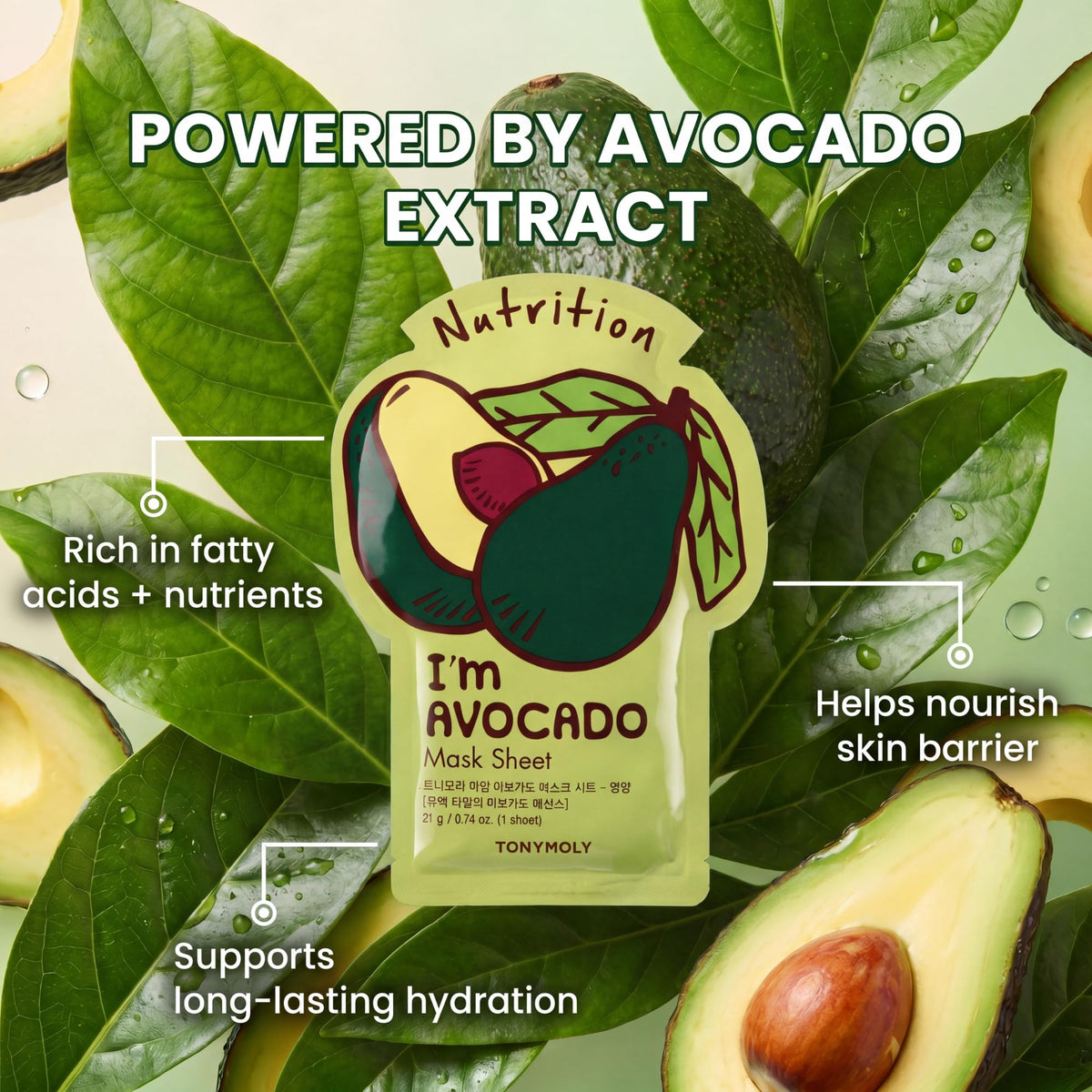 TONYMOLY I'm Avocado Sheet Mask in use on a model