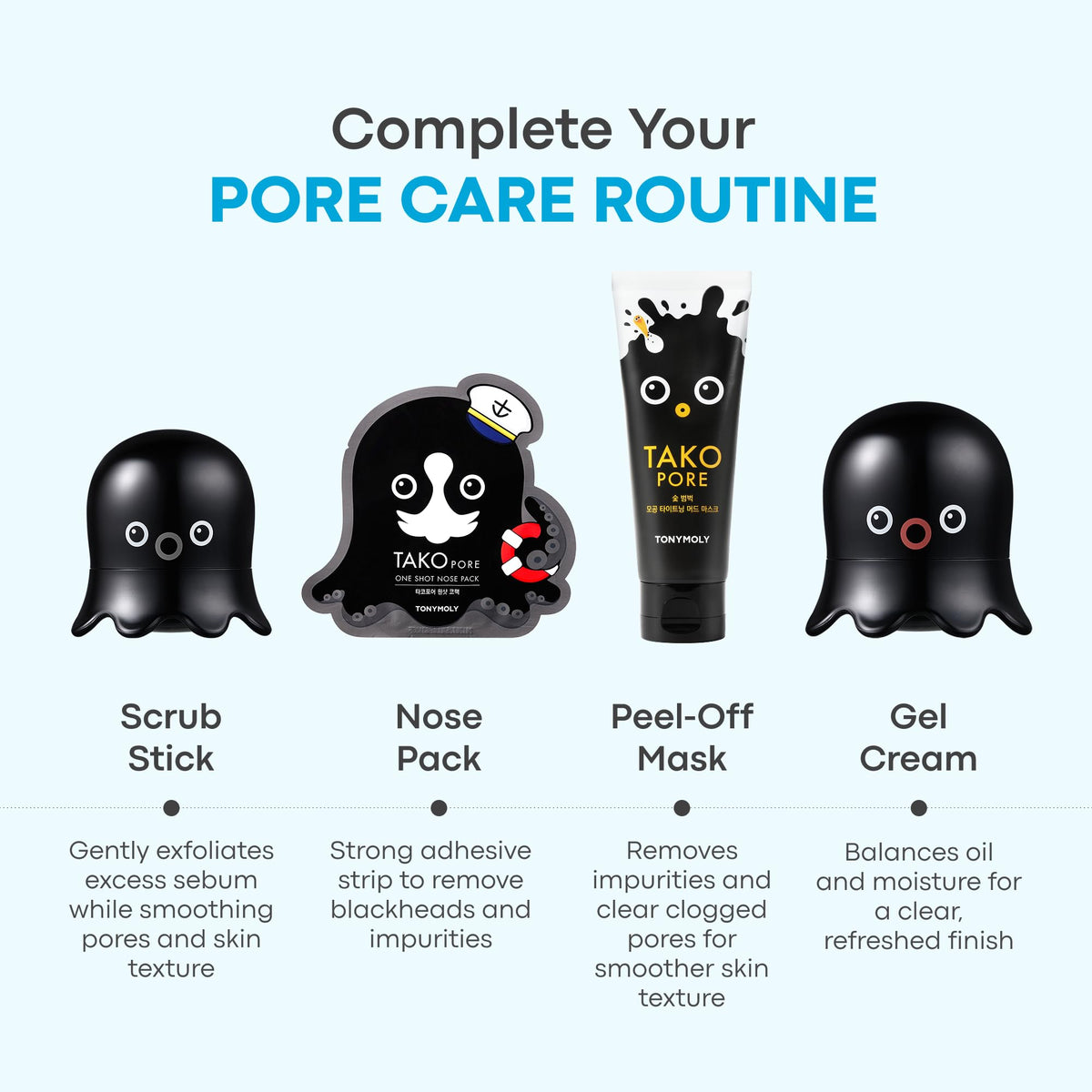 TONYMOLY Tako Pore Clay Scrub Stick beside other skincare products