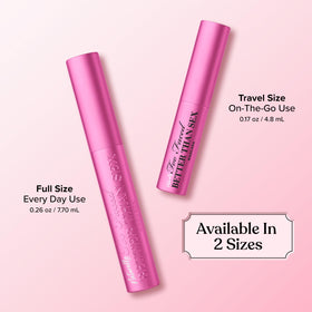 Too Faced Naturally Better Than Sex Mascara travel size next to makeup brushes