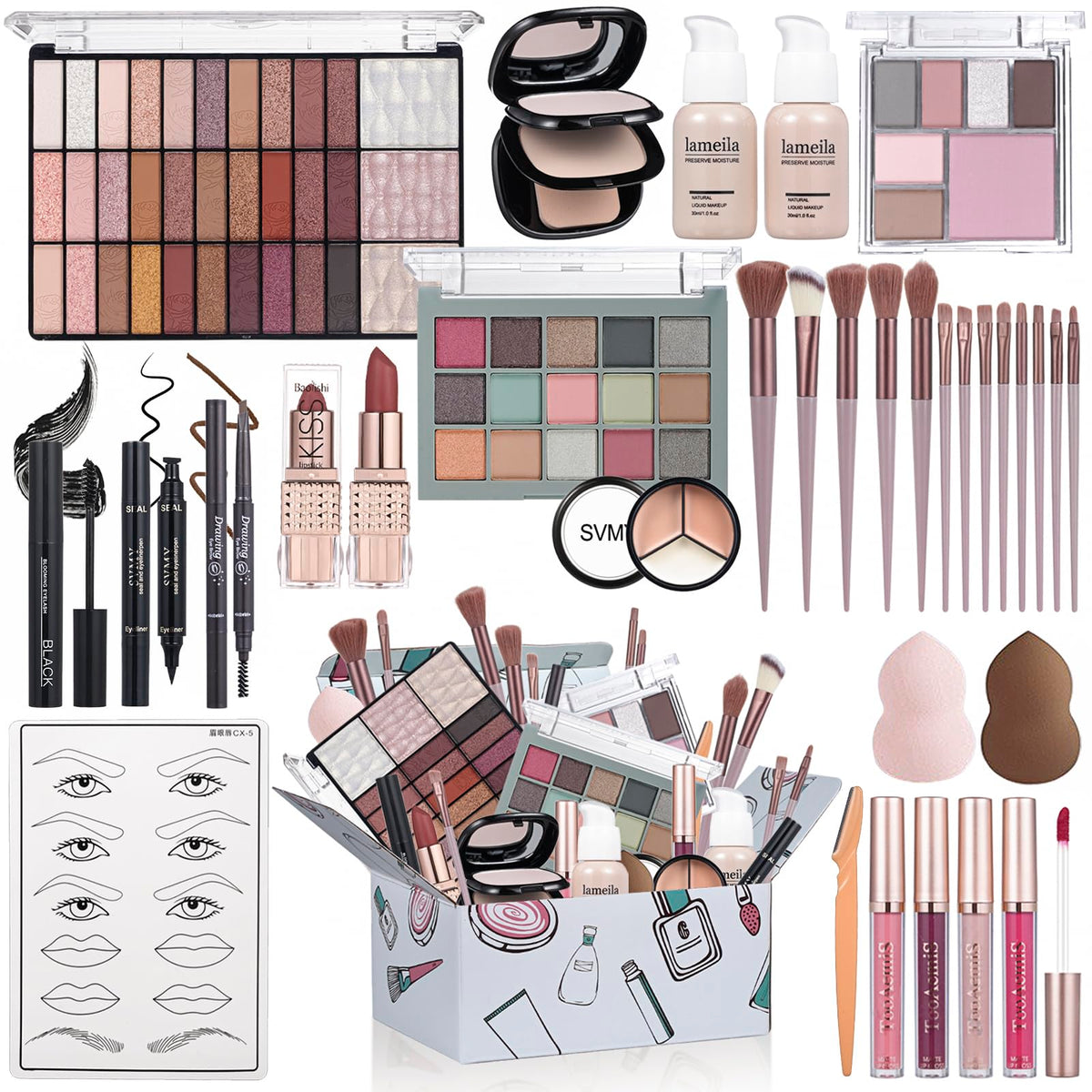 TooAemiS All in One Makeup Kit full view with eyeshadow palette and tools
