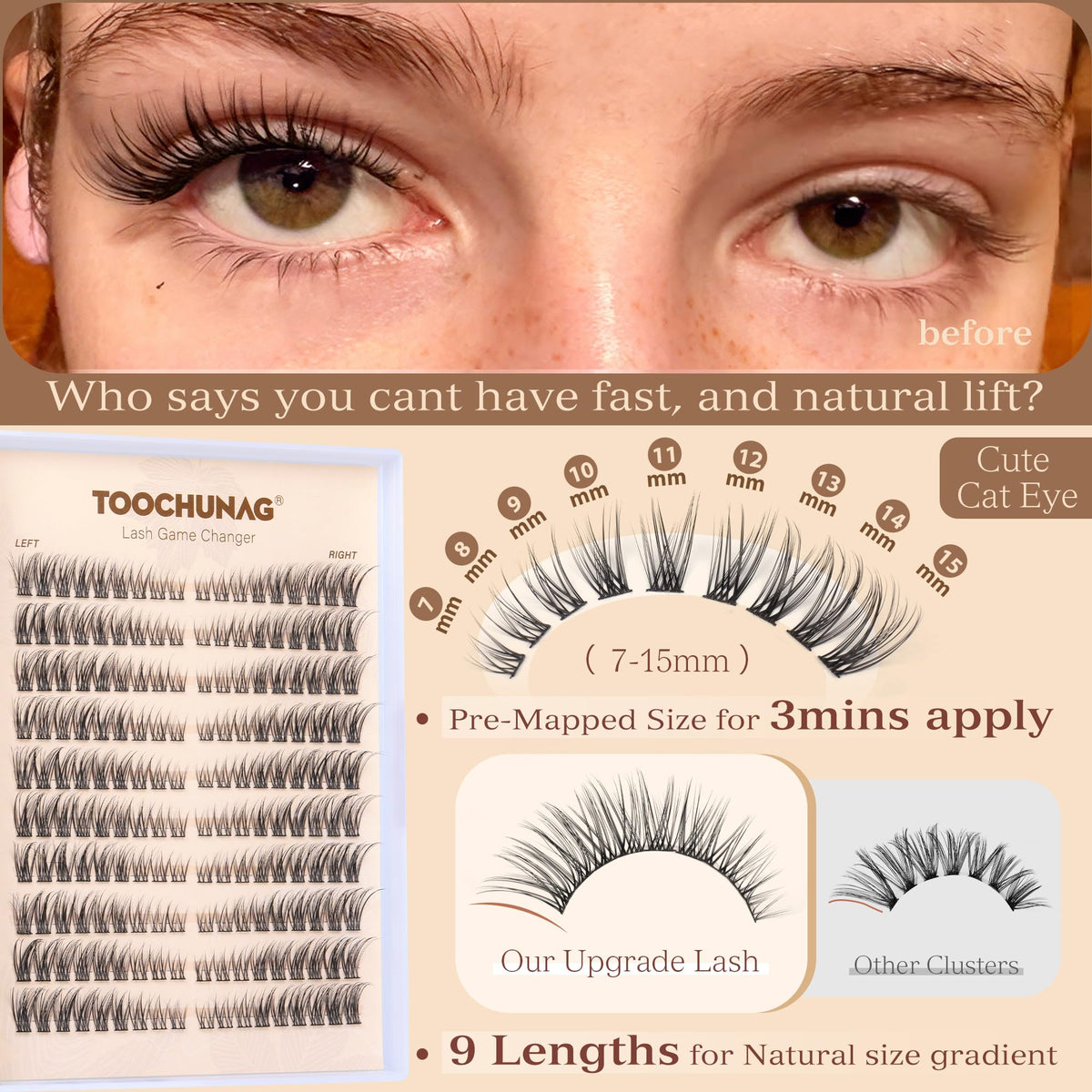 TOOCHUNAG eyelash clusters arranged in a tray