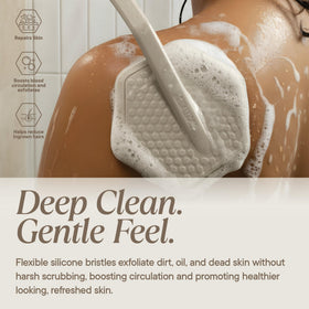 TOOLETRIES Silicone Back Scrubber demonstrating rich lather with body wash