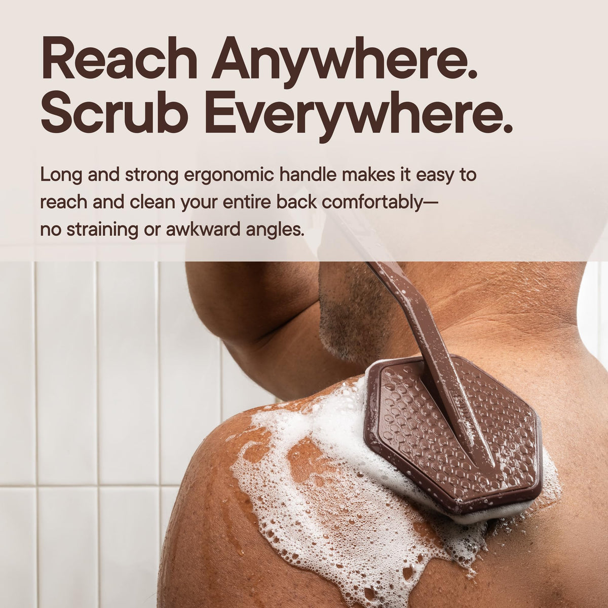 TOOLETRIES Silicone Back Scrubber displayed on a bathroom shelf