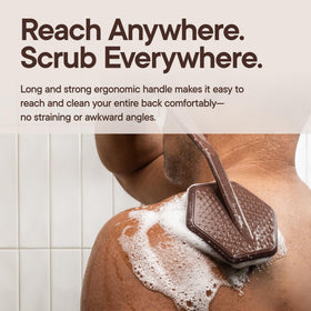 TOOLETRIES Silicone Back Scrubber displayed on a bathroom shelf