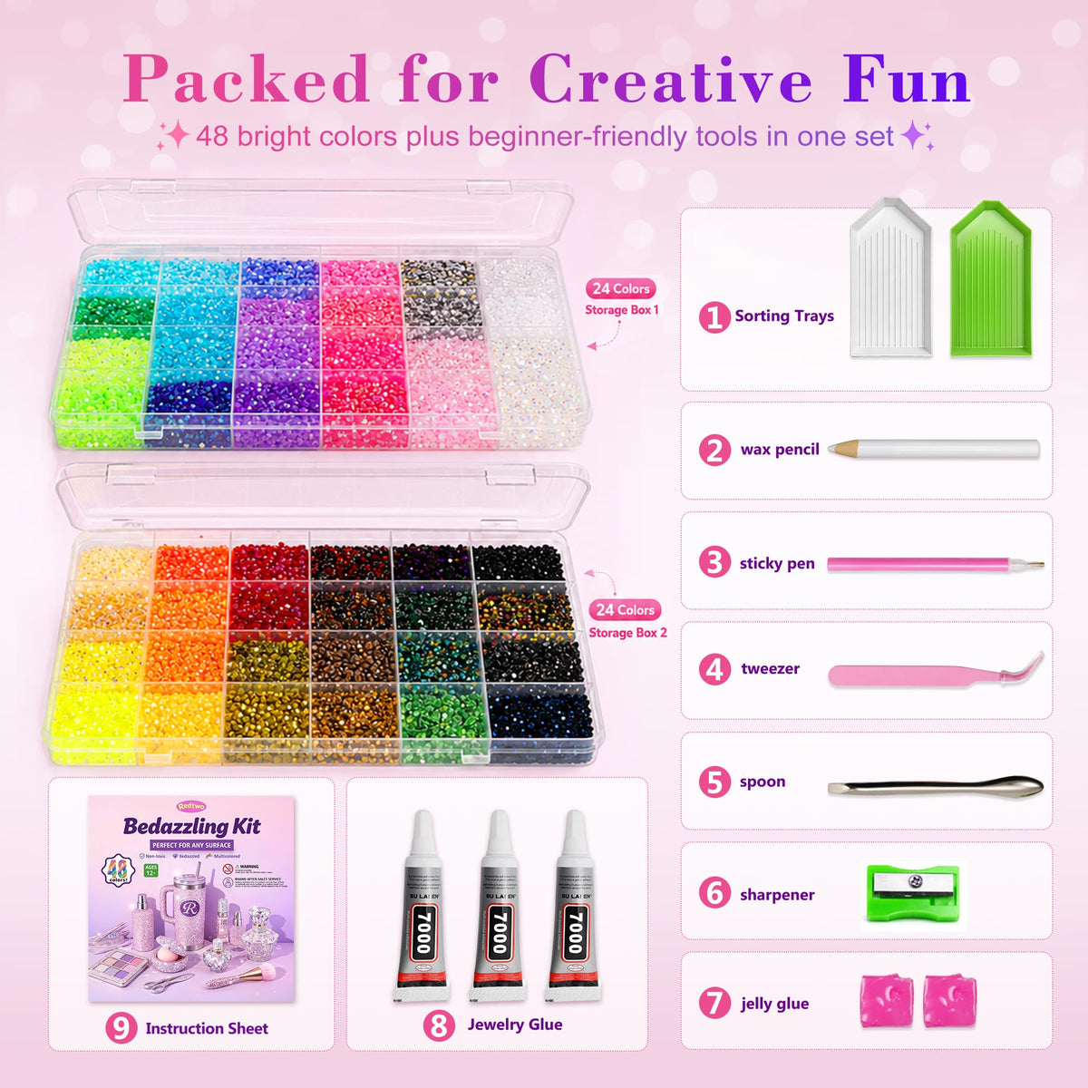 Tools included in Redtwo rhinestones kit: glue, tweezers, and sorting trays