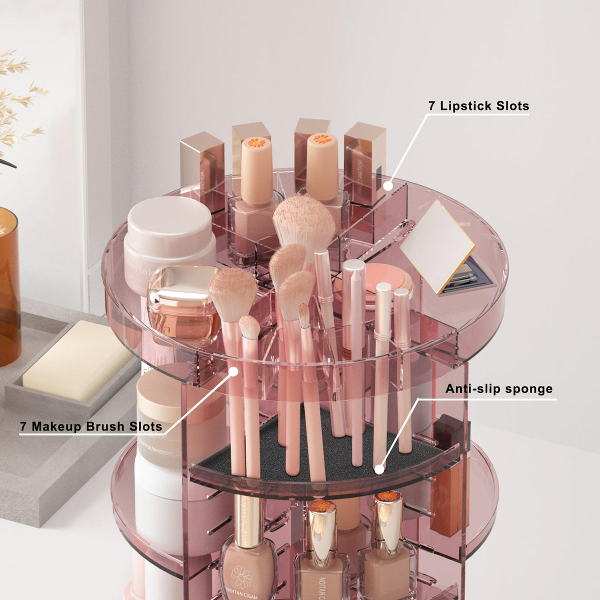 Top view of Jiavarry Rotating Makeup Organizer showcasing lipstick slots