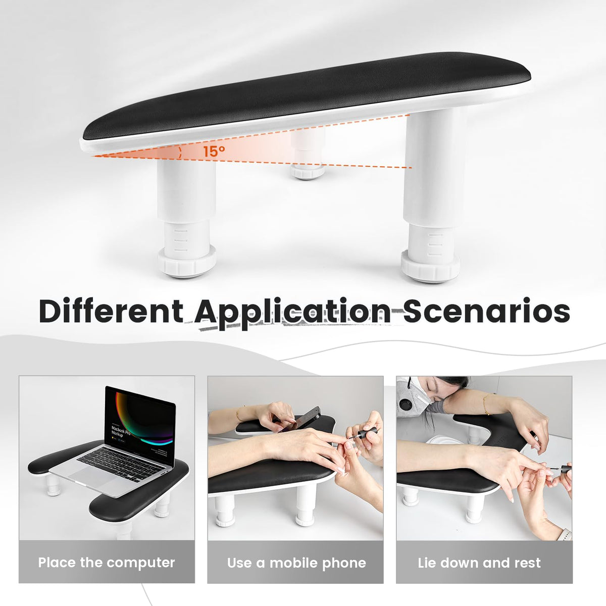 Top view of JODSONE U-Shaped Black Arm Rest on a manicure table