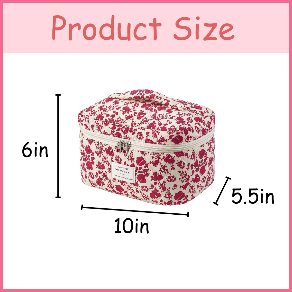 Top view of uekeboag Large Travel Quilted Makeup Bag with floral pattern