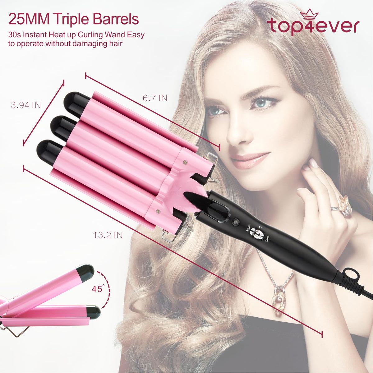 TOP4EVER 3 Barrel Curling Iron side view showing temperature settings