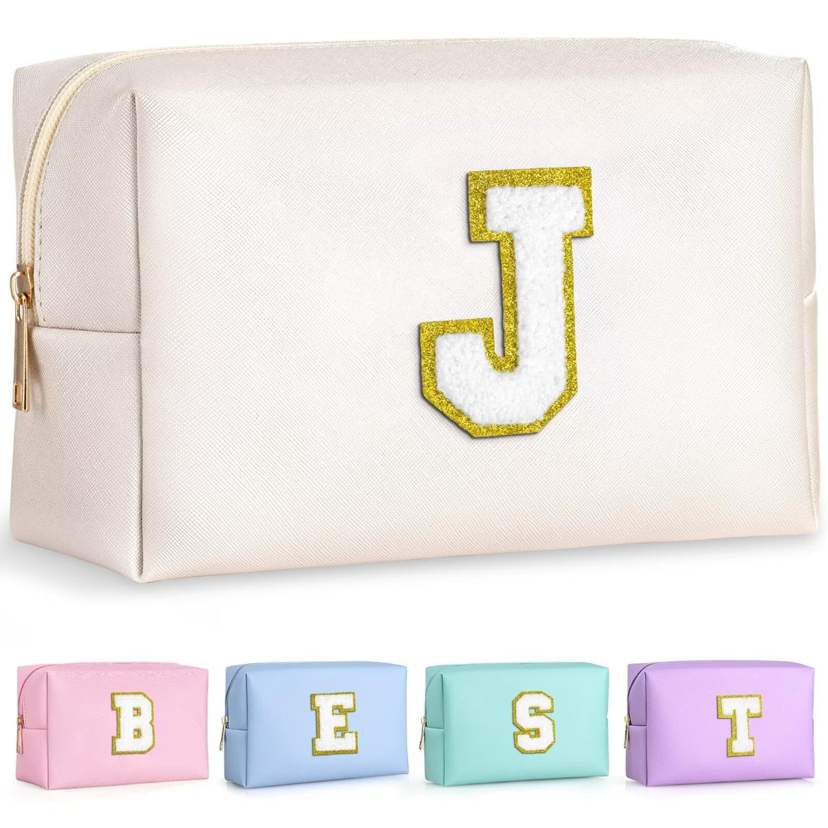 TOPEAST Chenille Letter Pouch Makeup Bag front view with gold glitter patch