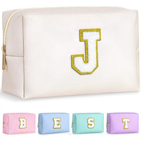 TOPEAST Chenille Letter Pouch Makeup Bag front view with gold glitter patch