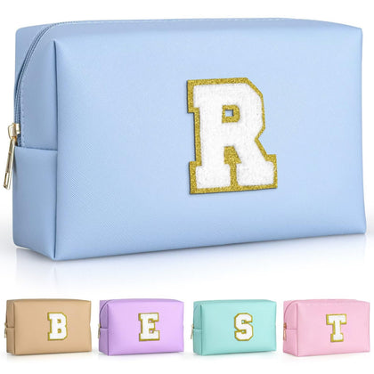 TOPEAST Cosmetic Travel Bag in Sky Blue with gold glitter chenille patch