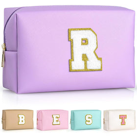 TOPEAST Cosmetic Travel Bag purple model front view with initial patch