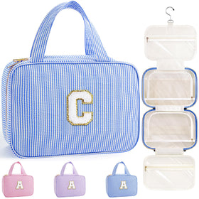 TOPEAST Hanging Toiletry Bag front view in blue with initial patch