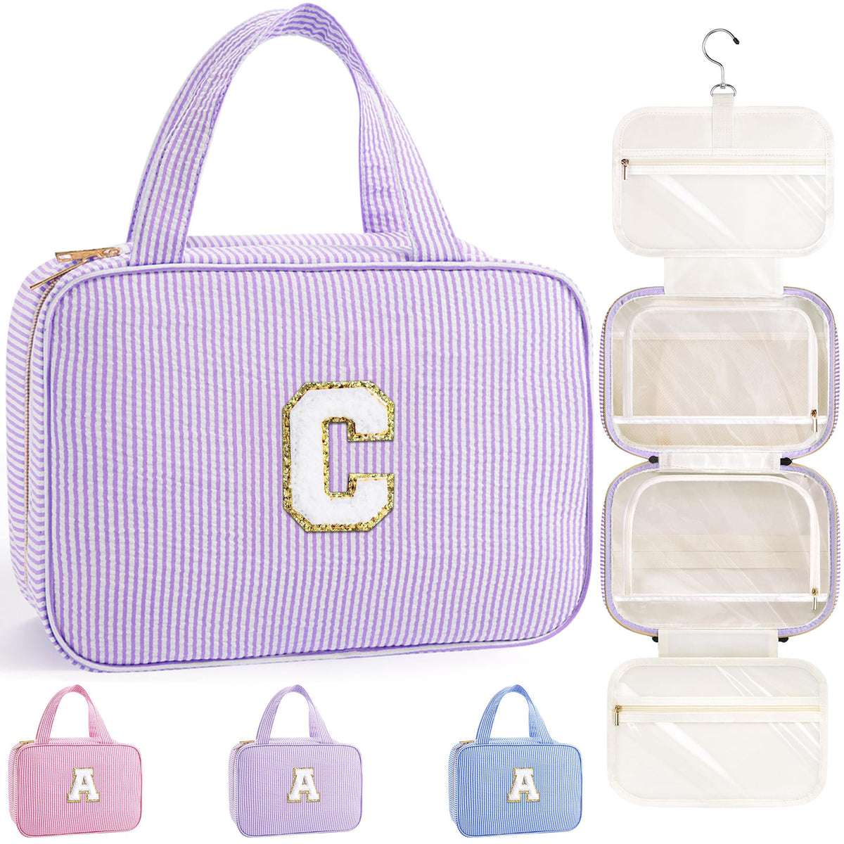 TOPEAST Hanging Toiletry Bag front view in purple with initial patch