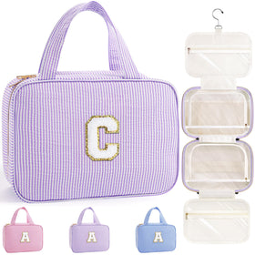 TOPEAST Hanging Toiletry Bag front view in purple with initial patch