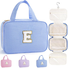 TOPEAST Hanging Toiletry Bag in blue with Letter E initial front view