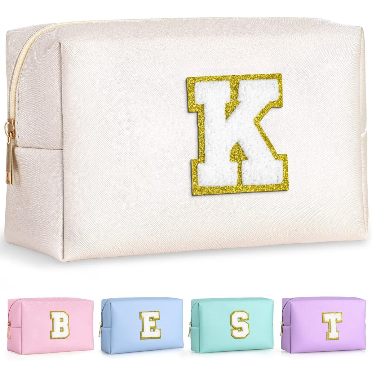 TOPEAST Initial Cosmetic Bag front view with gold glitter patch