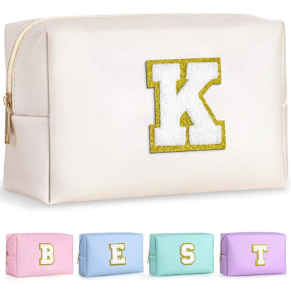 TOPEAST Initial Cosmetic Bag front view with gold glitter patch