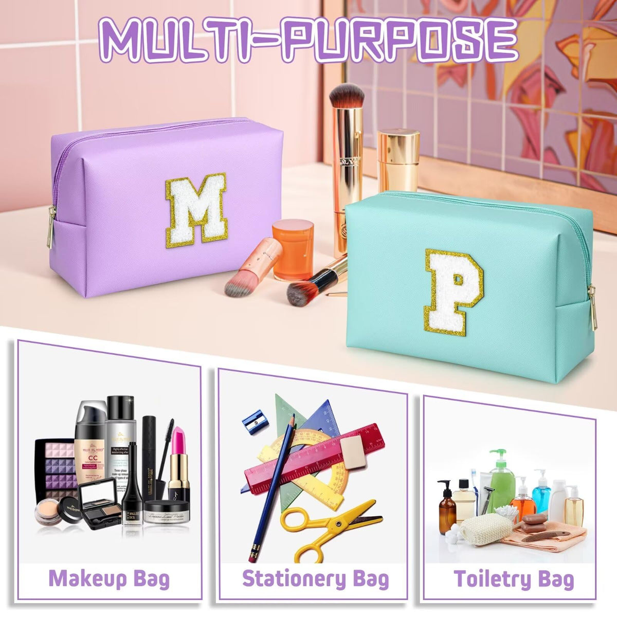 TOPEAST Initial Cosmetic Bag in a travel setting