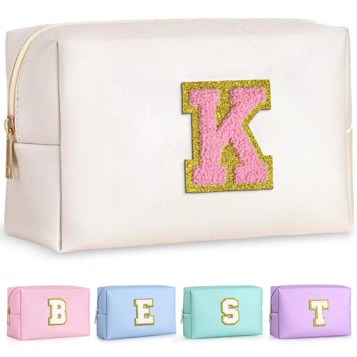 TOPEAST Initial Cosmetic Bag in pearly white with gold glitter patch