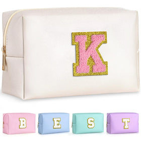 TOPEAST Initial Cosmetic Bag in pearly white with gold glitter patch