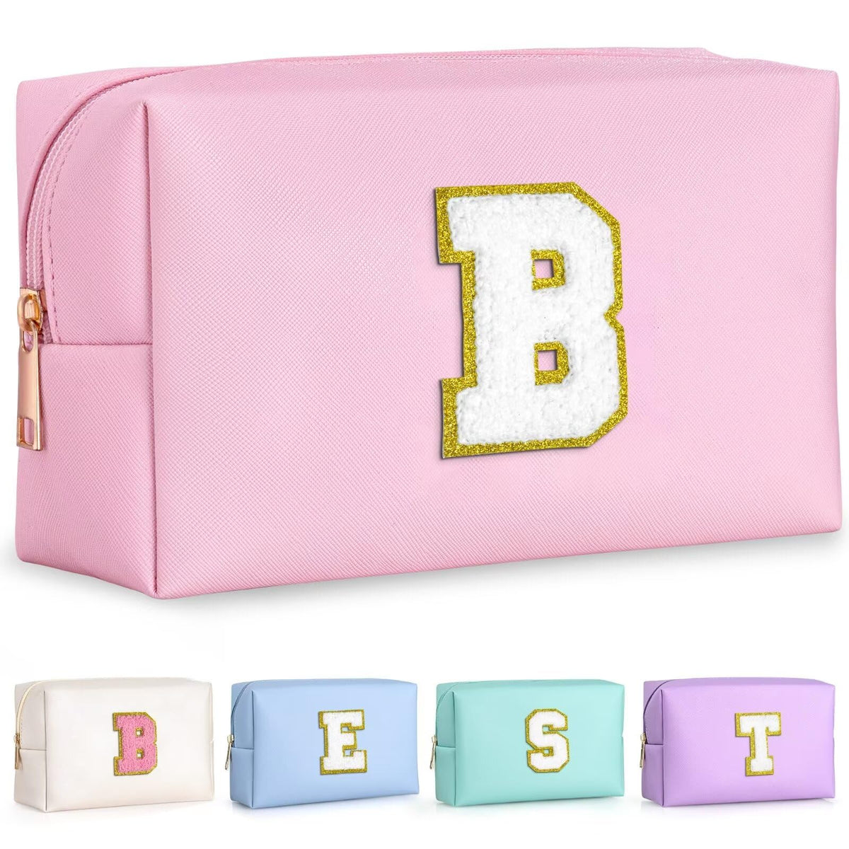 TOPEAST Initial Makeup Bag pink front view with gold glitter patch