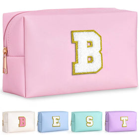 TOPEAST Initial Makeup Bag pink front view with gold glitter patch