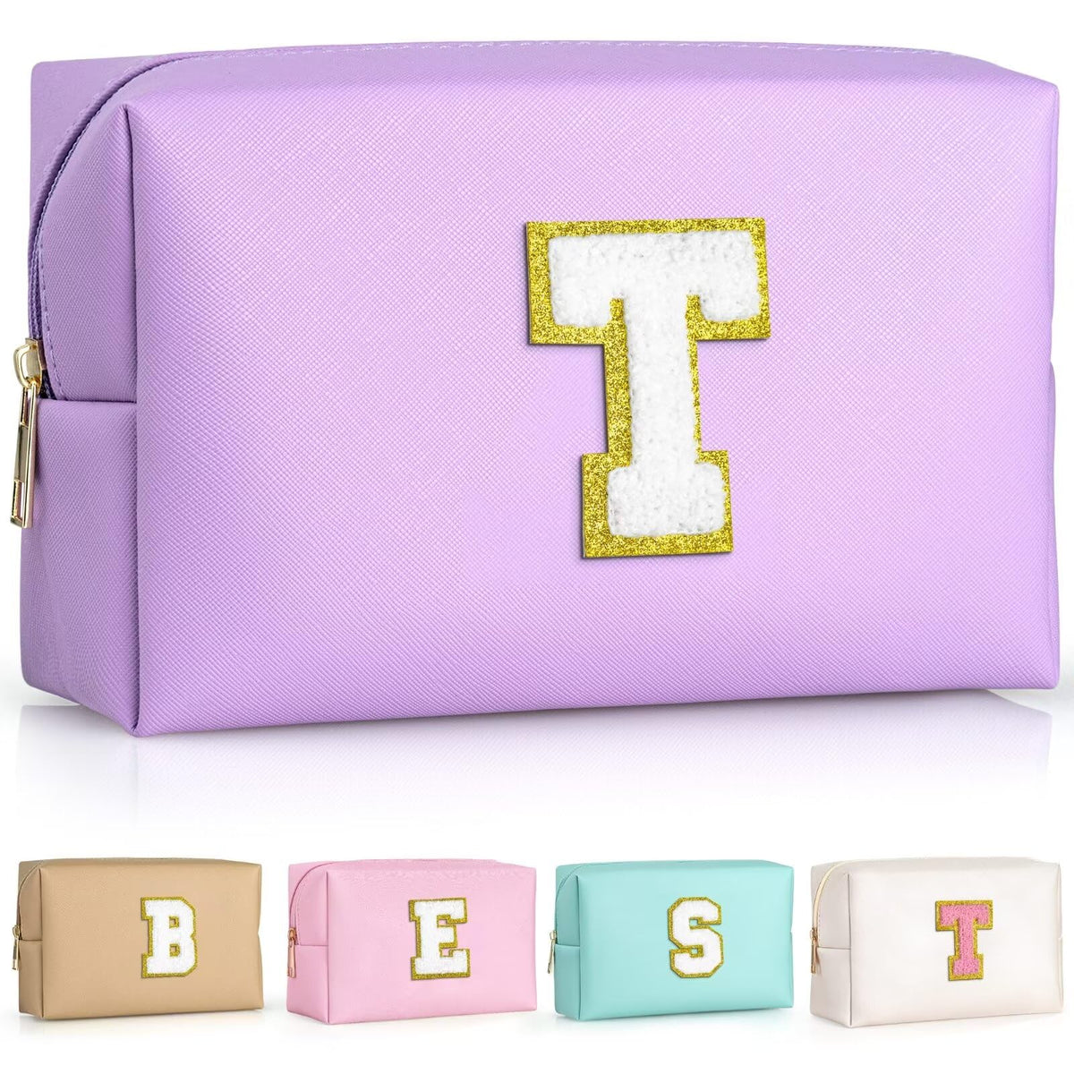TOPEAST Initial Makeup Bag purple front view with chenille patch