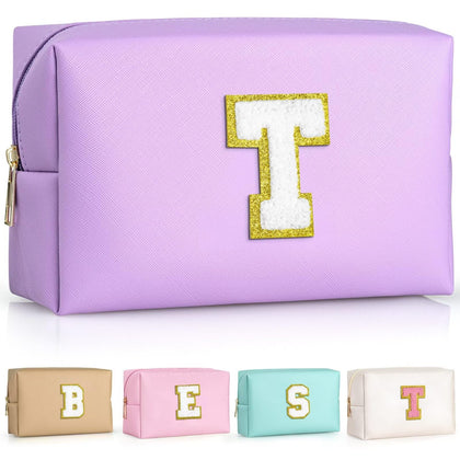 TOPEAST Initial Makeup Bag purple front view with chenille patch