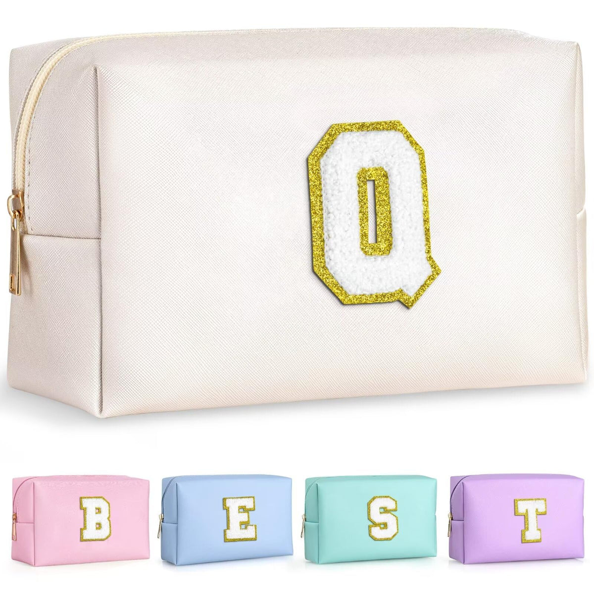 TOPEAST Initial Makeup Bag White Q front view with gold glitter patch