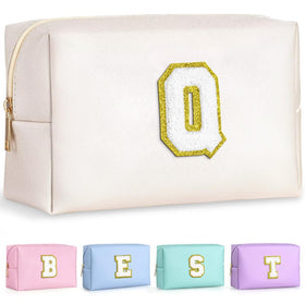 TOPEAST Initial Makeup Bag White Q front view with gold glitter patch
