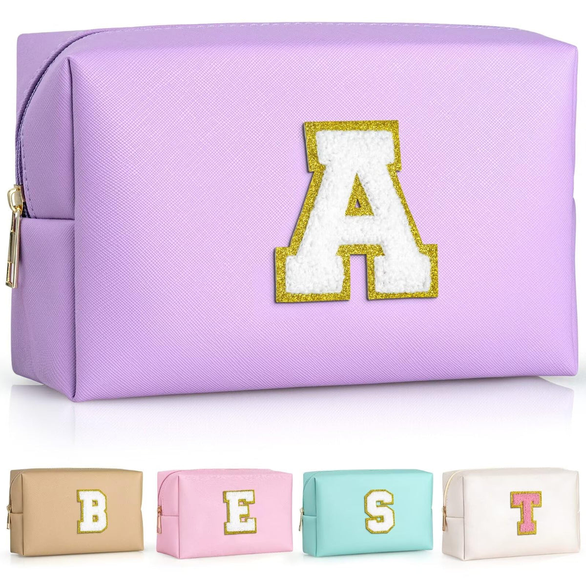 TOPEAST personalized initial makeup bag in purple with gold glitter patch