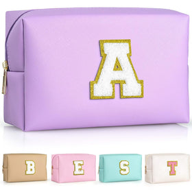 TOPEAST personalized initial makeup bag in purple with gold glitter patch