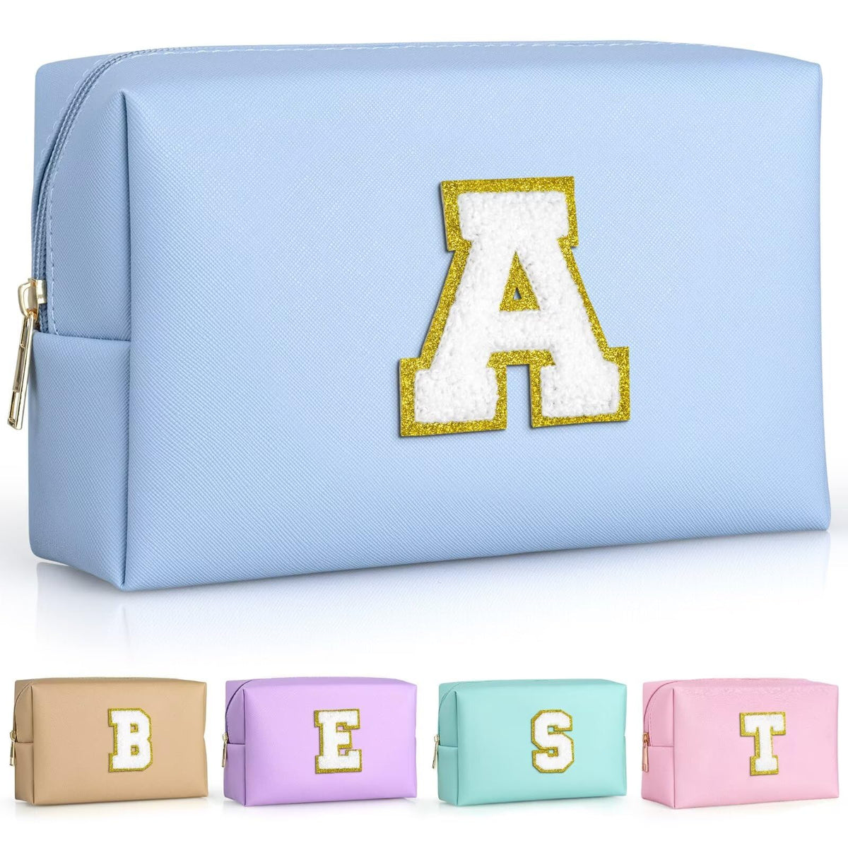 TOPEAST personalized initial makeup pouch in sky blue front view