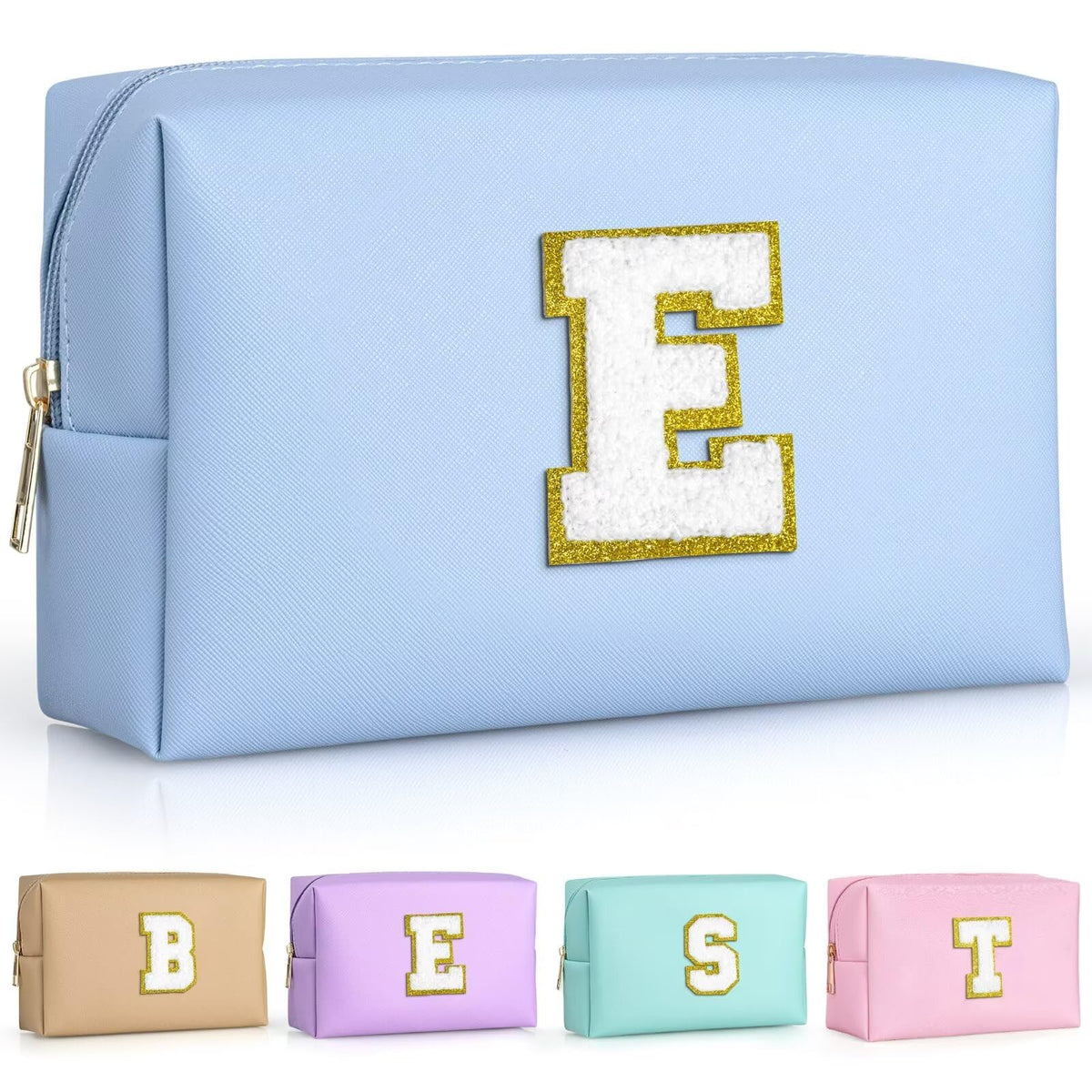 TOPEAST Personalized Initials Travel Makeup Bag in sky blue front view