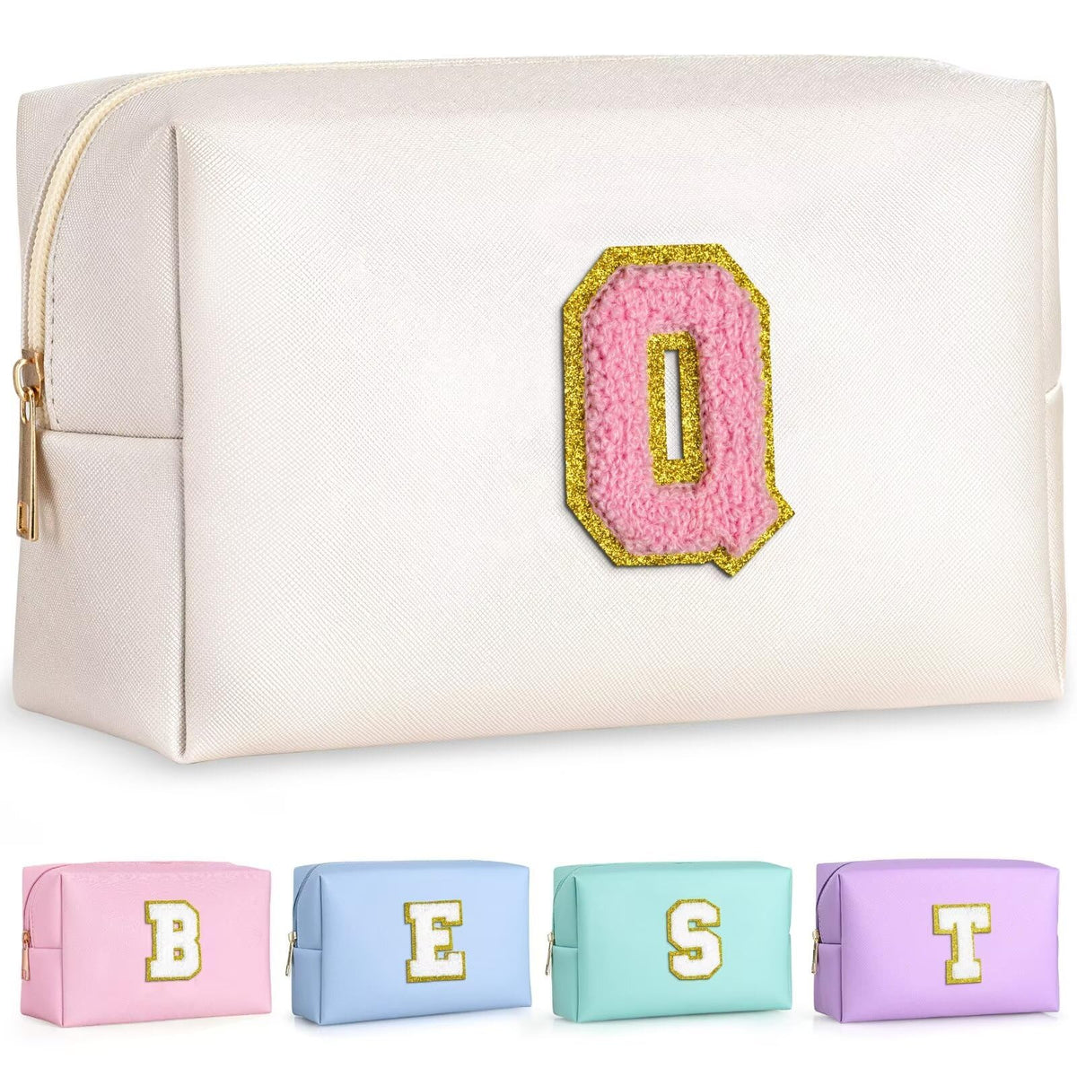 TOPEAST Personalized Makeup Bag front view with gold glitter chenille patch