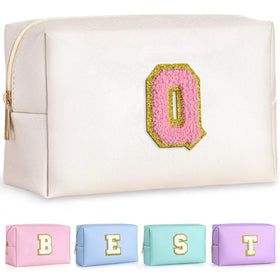 TOPEAST Personalized Makeup Bag front view with gold glitter chenille patch