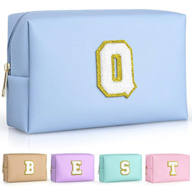 TOPEAST Personalized Makeup Bag in Sky Blue with Chenille patch