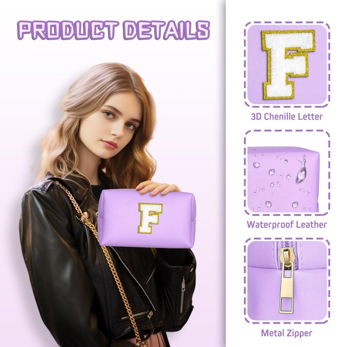 TOPEAST Personalized Makeup Bag purple with monogram patch