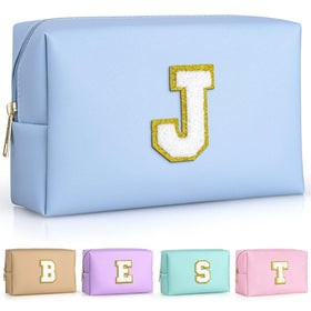 TOPEAST Personalized Makeup Bag Sky Blue J front view with gold glitter patch